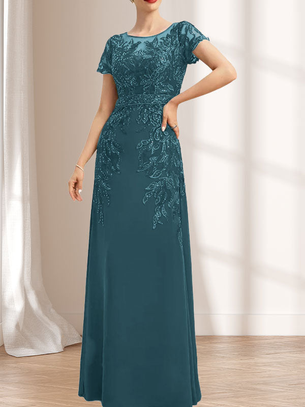 Vestido de madre de la novia de gasa con encaje, escote redondo, ilusión, largo hasta el suelo, con lentejuelas