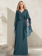Vestido de gasa para madre de la novia con escote en V, corte A y largo hasta el suelo, con volantes en cascada y cuentas