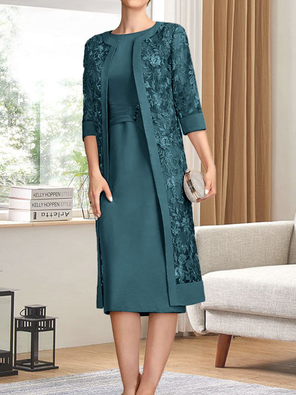 Vestido de gasa para madre de la novia con escote redondo hasta la rodilla, corte tubo/columna y lentejuelas plisadas