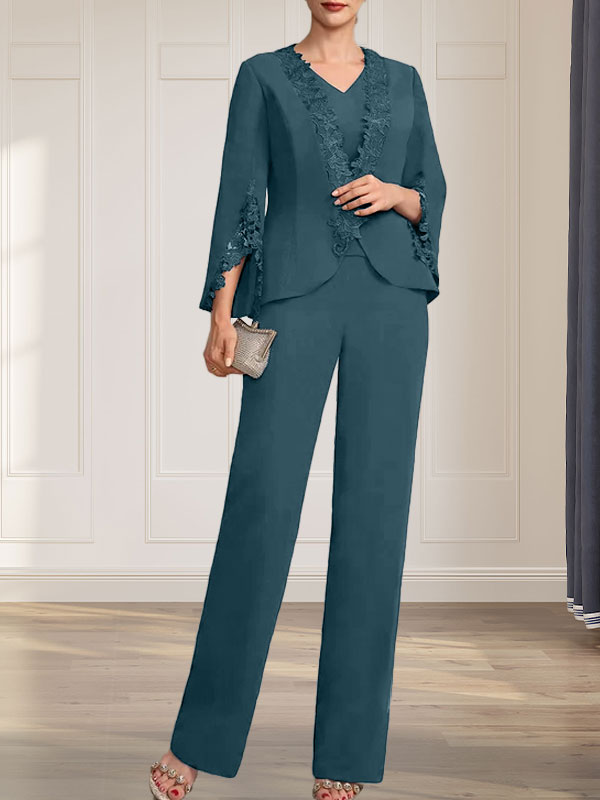 Vestido de gasa para madre de la novia, con escote en V y largo hasta el suelo, de mono/pantalón separado