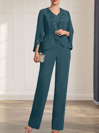 Separates Jumpsuit/Pantsuit V-Neck Floor-Length Chiffon Mother of the Bride Dress