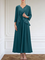 Vestido de gasa para madre de la novia, corte A, escote en V, largo hasta los tobillos, con apliques de lentejuelas, encaje y cuentas