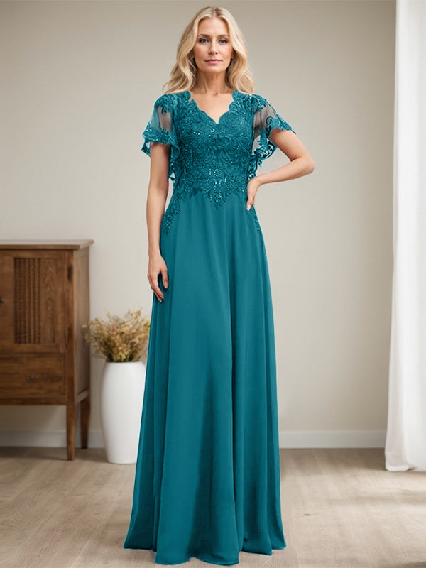 A-Linie V-Ausschnitt Bodenlanges Spitzenchiffonkleid für die Brautmutter mit Pailletten 