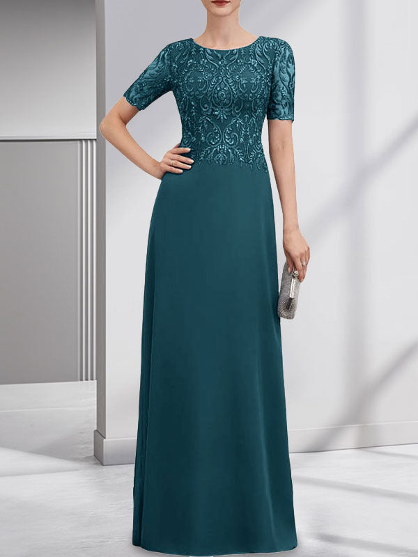 Vestido de gasa con encaje y lentejuelas para madre de la novia, corte A, largo hasta el suelo