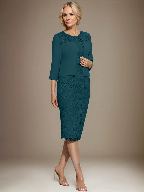 Vestido de gasa con encaje y cuentas para madre de la novia, largo hasta la rodilla, con escote redondo y corte columna