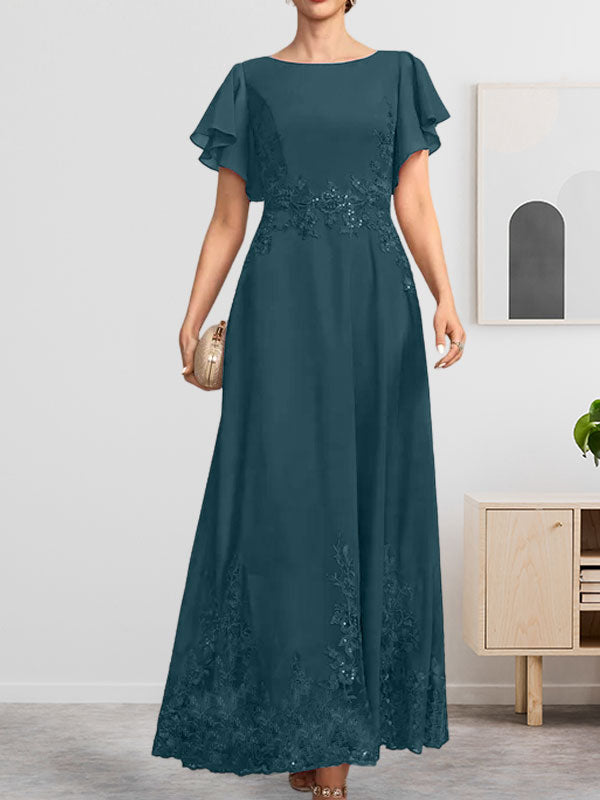 A-Linie U-Ausschnitt Knöchellang Spitzen-Chiffon-Kleid für die Brautmutter mit Pailletten
