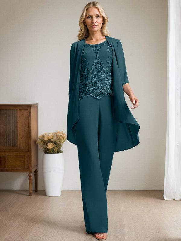 Vestido de madre de la novia de gasa con encaje, escote redondo y lentejuelas y mono/pantalón separado