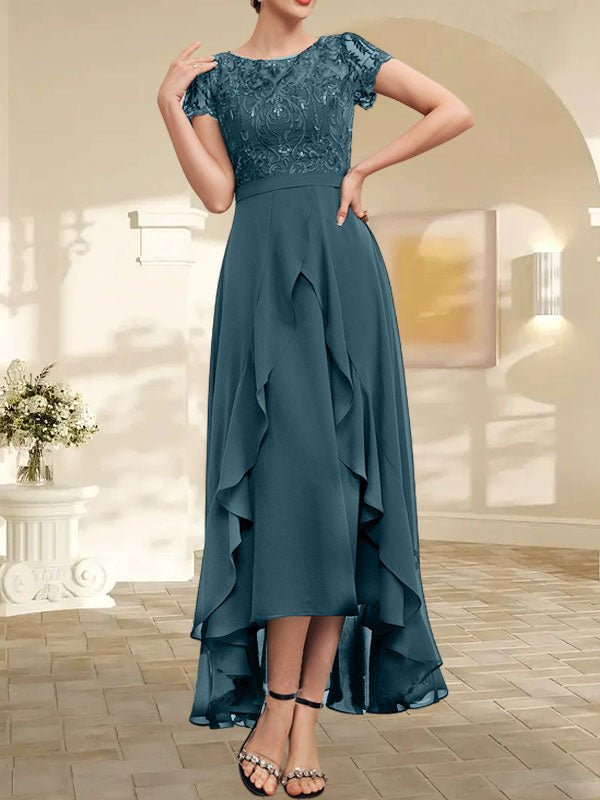 Vestido de madre de la novia de gasa asimétrica con escote en A, ilusión, encaje, lazo, volante y lentejuelas