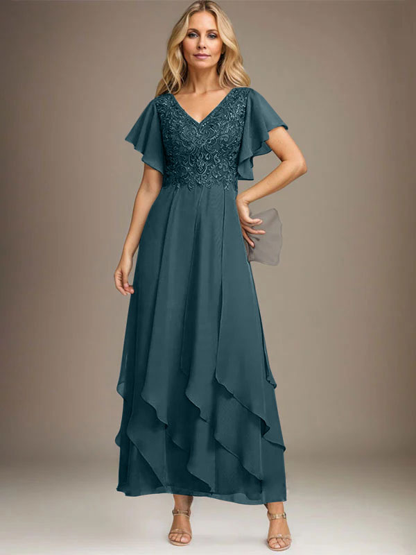 Vestido de gasa con encaje y escote en V hasta los tobillos para madre de la novia con volantes en cascada