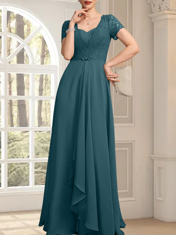 Vestido de madre de la novia de gasa con encaje, corte en A, escote corazón, largo hasta el suelo, con volantes en cascada y cuentas