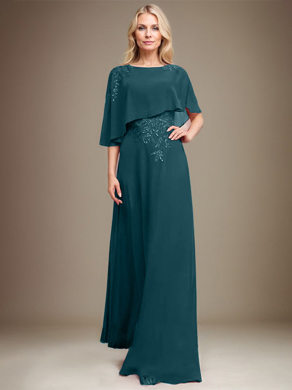 A-Linie U-Ausschnitt Bodenlang Chiffon Spitze Kleid für die Brautmutter mit Pailletten und Perlen 