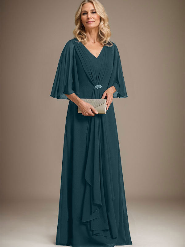 Vestido de gasa para madre de la novia, corte A, escote en V, largo hasta el suelo, con volantes en cascada y broche de cristal