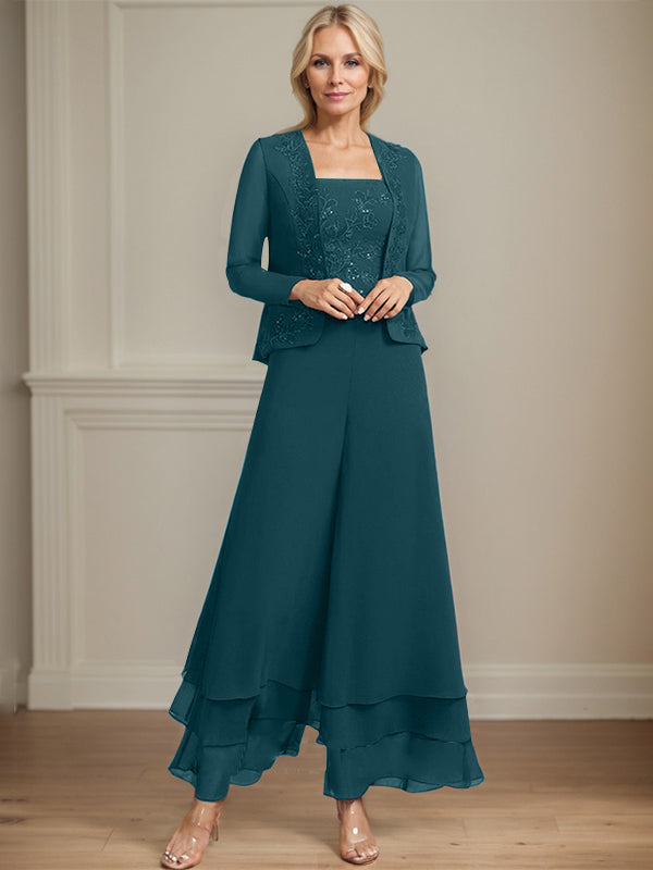 Separates Jumpsuit/Hosenanzug Quadratisches Knöchellanges Spitzenchiffonkleid für die Brautmutter mit Pailletten 