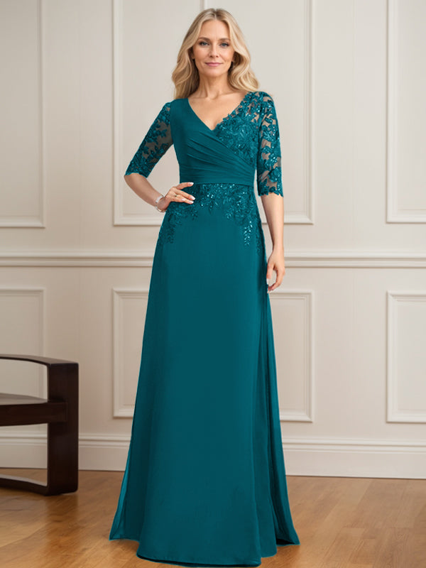 Vestido de madre de la novia de gasa con encaje, escote en V y lentejuelas plisadas hasta el suelo