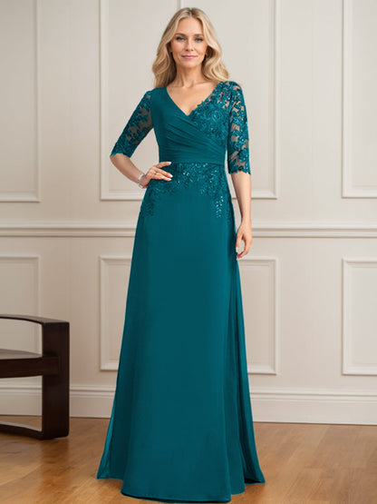 A-Linien-Kleid mit V-Ausschnitt, bodenlangem Spitzenchiffon und plissierten Pailletten 