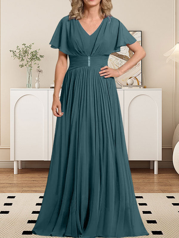 Vestido de gasa para madre de la novia, corte A, escote en V, largo hasta el suelo, con broche de cristal y plisado
