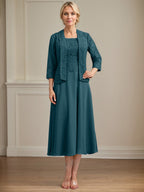 Vestido de gasa con encaje y escote redondo hasta la rodilla para madre de la novia