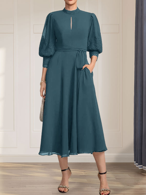 A-Linien-Kleid mit hohem Halsausschnitt und bodenlangem Spitzenchiffonkleid mit Schleife