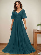Vestido de gasa para madre de la novia, corte A, escote en V, largo hasta el suelo, con apliques de lentejuelas y encaje plisado