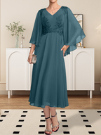 A-Linie V-Ausschnitt Wadenlanges Chiffon-Spitzenkleid für die Brautmutter mit Perlen und Pailletten