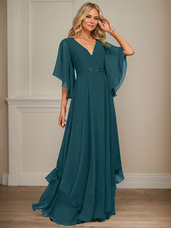 Vestido de gasa para madre de la novia, corte A, escote en V, largo hasta el suelo, con apliques de lentejuelas, encaje y abalorios