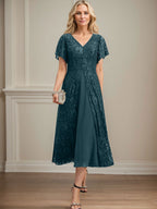 A-Linie V-Ausschnitt Wadenlanges Chiffon-Kleid für die Brautmutter 