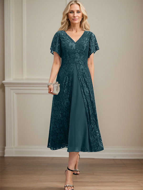 Vestido de gasa con encaje y escote en V para madre de la novia, largo hasta la rodilla