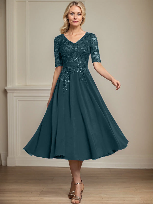 Vestido de gasa con encaje y lentejuelas para madre de la novia, corte A, escote en V y largo hasta la rodilla