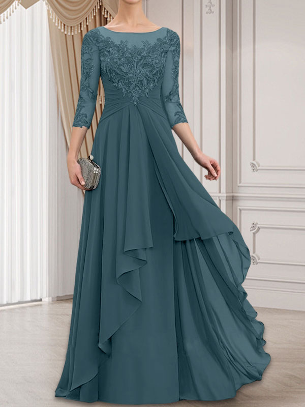 Vestido de gasa con encaje, corte A, escote ilusión, largo hasta el suelo, para madre de la novia con volantes en cascada