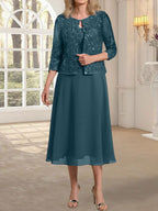 Vestido de gasa con encaje y lentejuelas para madre de la novia, corte A, escote redondo y largo hasta la rodilla