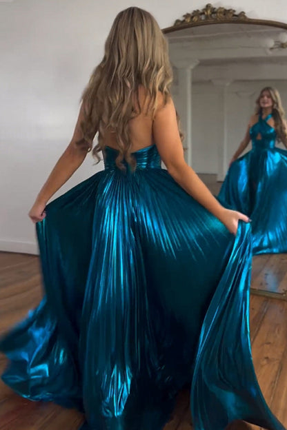 Pfauenblaues Neckholder-A-Linien-Ballkleid mit Schlitz