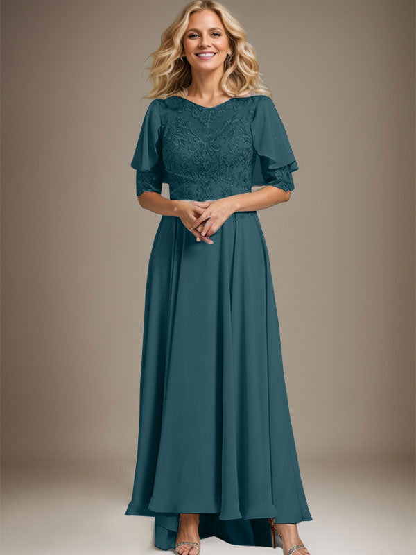 Vestido de madre de la novia de gasa asimétrica con encaje, ilusión, corte A y escote redondo con cuentas