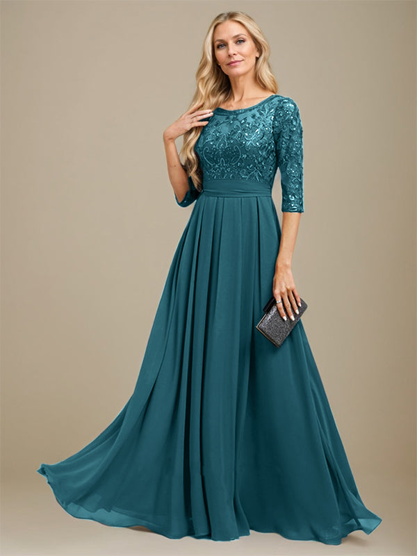 Vestido de madre de la novia de gasa con encaje, corte A, largo hasta el suelo y apliques de lentejuelas