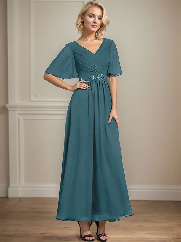Vestido de gasa para madre de la novia con escote en V, largo hasta los tobillos, corte A y lentejuelas plisadas con cuentas