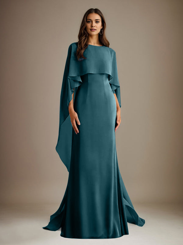 Vestido de gasa para madre de la novia, largo hasta el suelo, con escote barco y corte tubo/columna y volantes en cascada