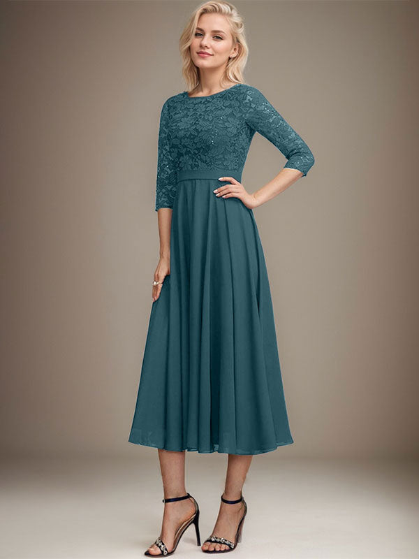 Vestido de gasa con encaje y lentejuelas para madre de la novia, corte A, escote redondo y largo hasta la rodilla