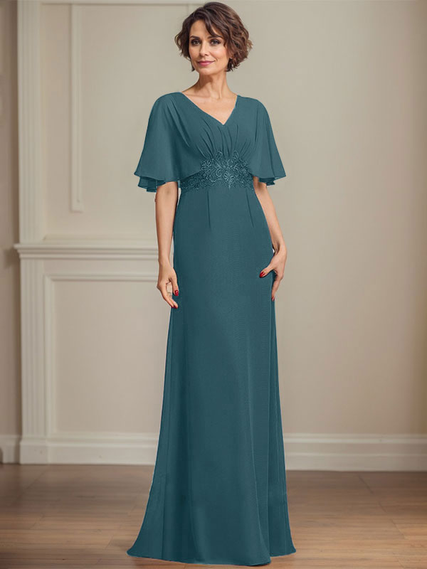 A-Linie V-Ausschnitt Bodenlanges Chiffonkleid für die Brautmutter mit plissierten Paillettenapplikationen Spitze