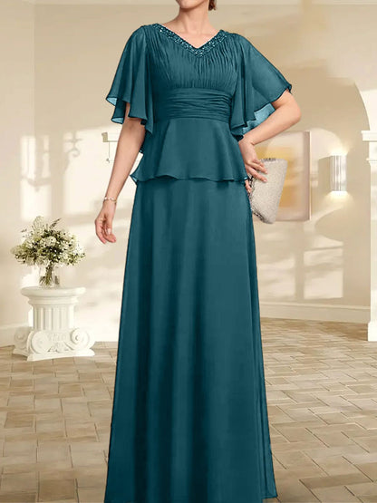 A-Linien-Kleid aus Chiffon mit V-Ausschnitt und bodenlangem Schnitt für die Brautmutter mit plissierten Perlen