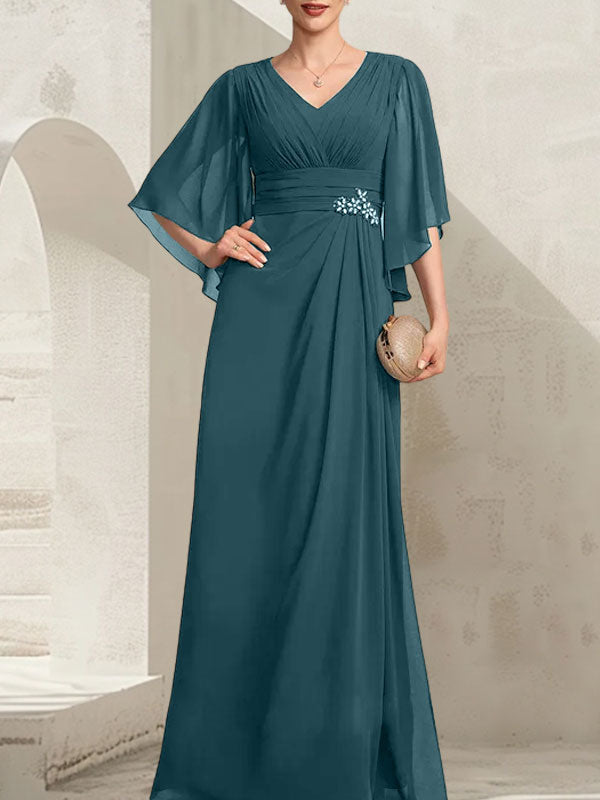 Etui-Linie/Säule V-Ausschnitt Bodenlang Chiffon Kleid für die Brautmutter mit Plissee Pailletten Perlenbesatz