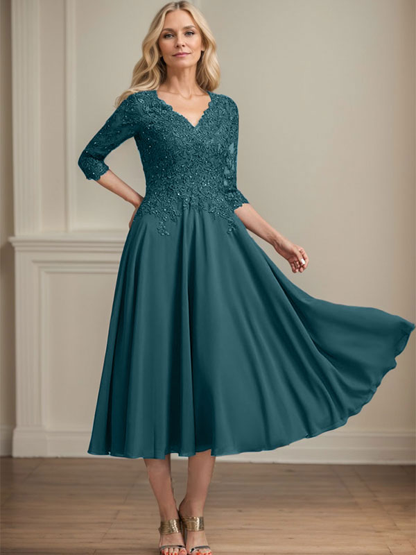 A-Linie V-Ausschnitt Wadenlanges Chiffon-Spitzenkleid für die Brautmutter mit Perlen und Pailletten 
