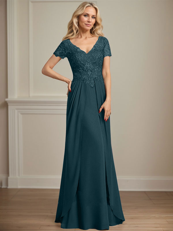 Vestido de gasa con encaje y escote en V hasta el suelo para madre de la novia