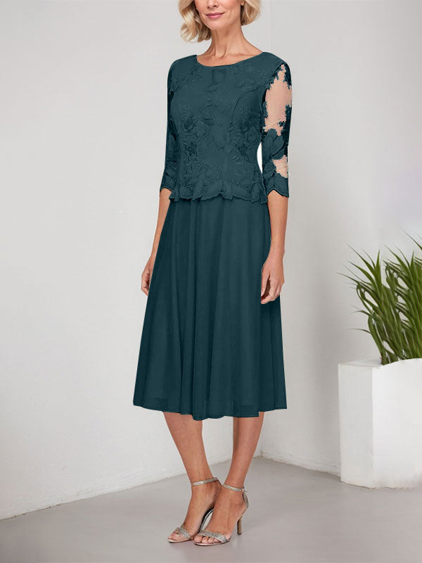 Vestido de gasa con encaje y bordado para madre de la novia, corte A, escote redondo y largo hasta la rodilla