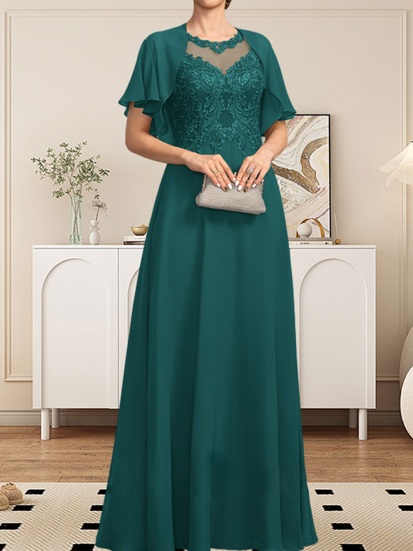 Vestido de gasa con encaje y lentejuelas para madre de la novia, corte A, escote ilusión, largo hasta el suelo