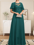 Vestido de gasa con encaje y lentejuelas para madre de la novia, corte A, escote ilusión, largo hasta el suelo