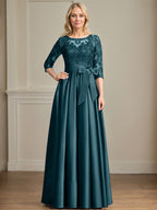 Vestido de madre de la novia de satén con encaje, corte A, escote ilusión, largo hasta el suelo, con lazo de lentejuelas