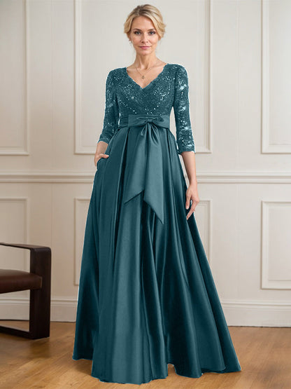 A-Linie V-Ausschnitt Bodenlanges Satin-Spitzenkleid für die Brautmutter mit Paillettenschleife 