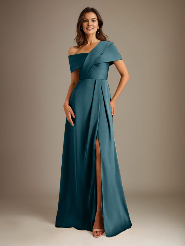 A-Line Asymmetrical Neckline Floor-Length Satin Mother of the Bride Dress With Pleated