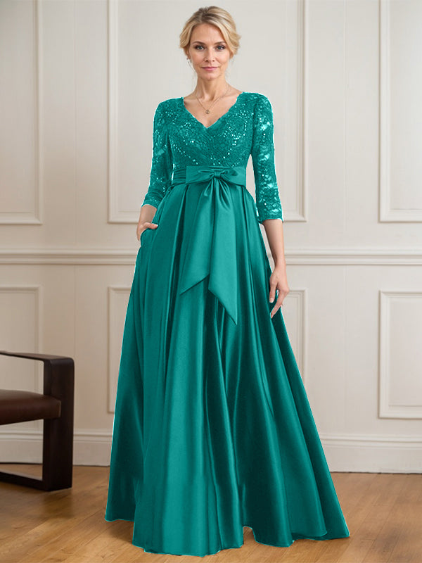 Vestido de madre de la novia de satén con encaje, escote en V y largo hasta el suelo con lazo de lentejuelas
