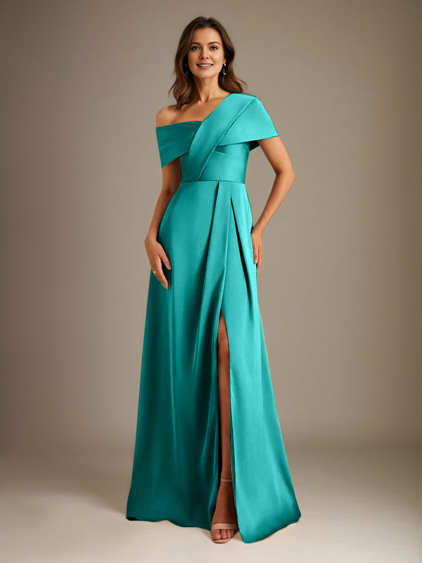 A-Line Asymmetrical Neckline Floor-Length Satin Mother of the Bride Dress With Pleated