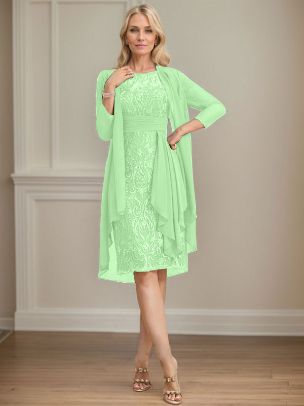 Vestido de madre de la novia de gasa con encaje, escote redondo, ilusión, largo hasta la rodilla, con volantes en cascada y lentejuelas